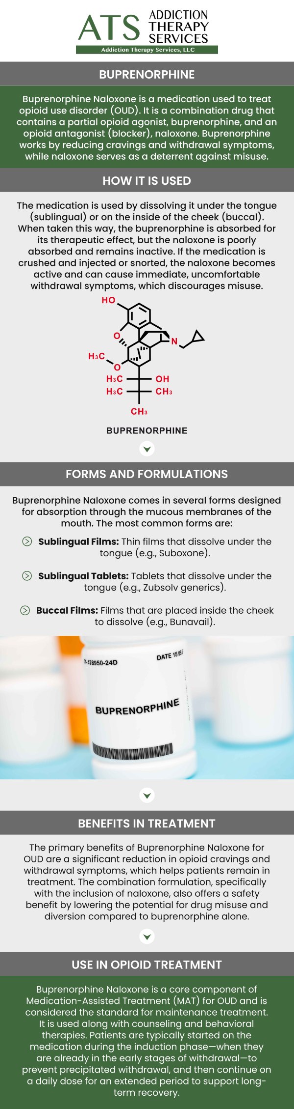 At Addiction Therapy Services (ATS), we offer comprehensive Medication-Assisted Treatment (MAT) using buprenorphine, often paired with naloxone as Suboxone, alongside personalized counseling and ongoing support. Board-certified Dr. William Rothe, M.D., addresses both the physical and emotional aspects of addiction in a confidential, judgment-free environment. We are dedicated to providing a holistic approach to recovery, ensuring each patient receives the support they need for lasting change. For more information, contact us or schedule an appointment online. We are conveniently located at 4760 Sawmill Road, Suite B Columbus, OH 43235.
